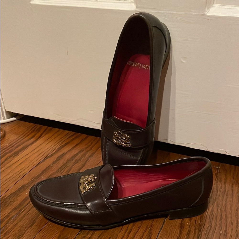 Vintage 80s Ralph Lauren Brown Leather Loafers Gold Crest RARE!!